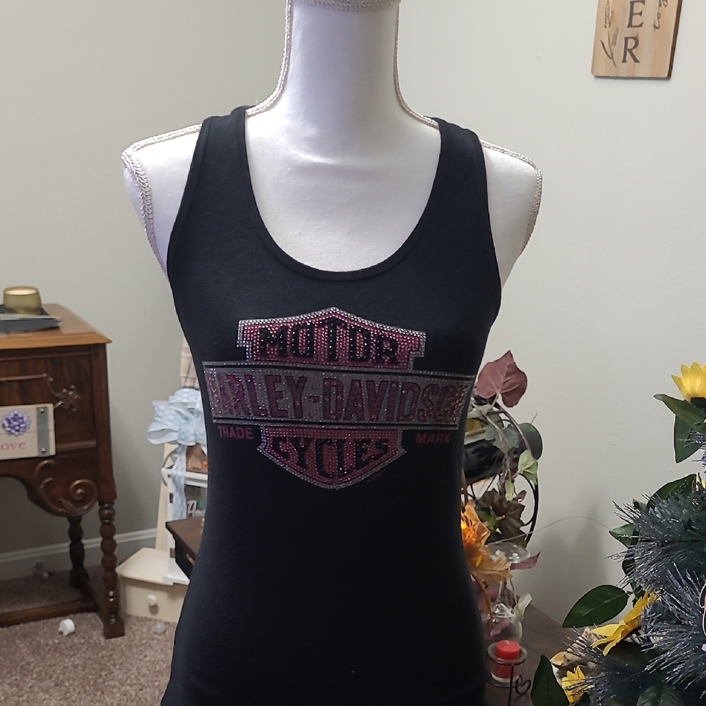 Harley-Davidson Women's Black and Pink Tank Top